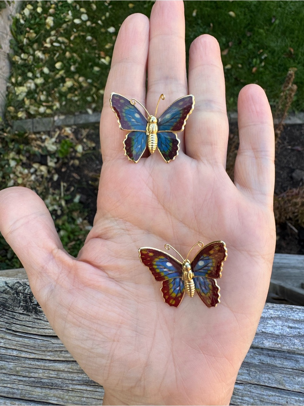 Vintage Gold Butterfly Brooches Pins with Blue and Red Enamel - Whimsigoth